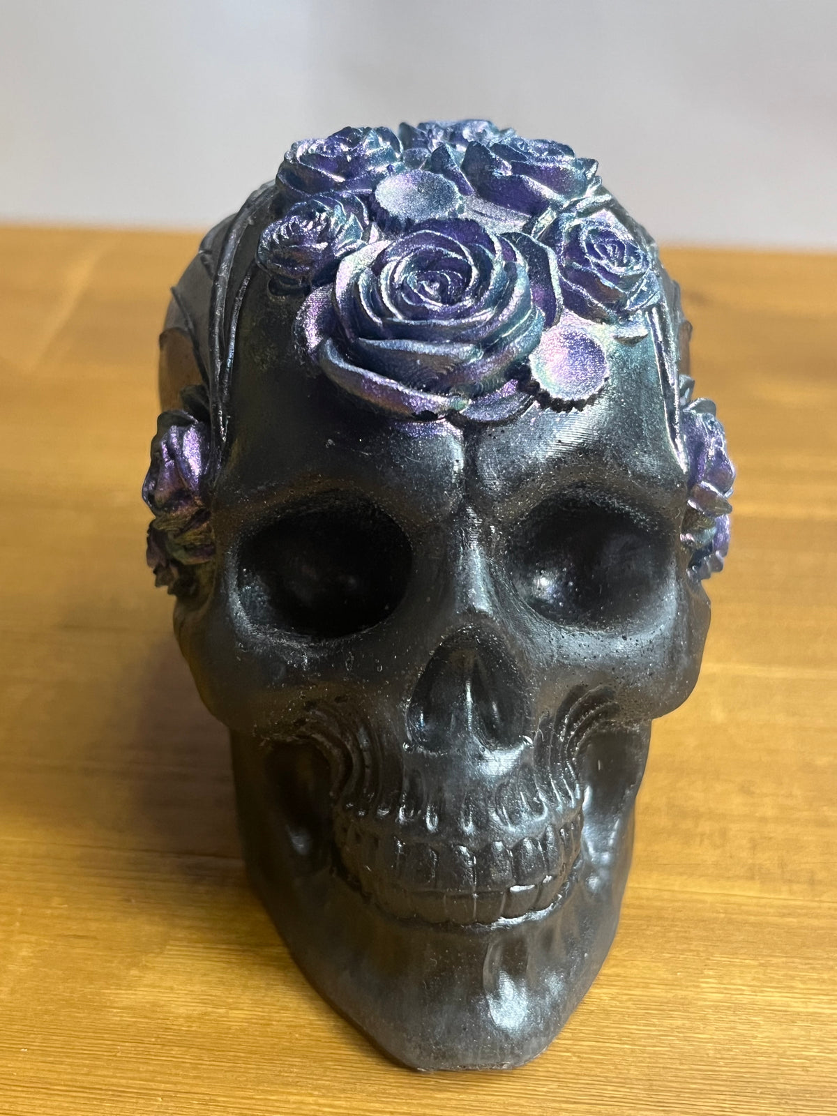 Black Resin Skull With Flowers, Floral Collectible Figurine Desk Buddy
