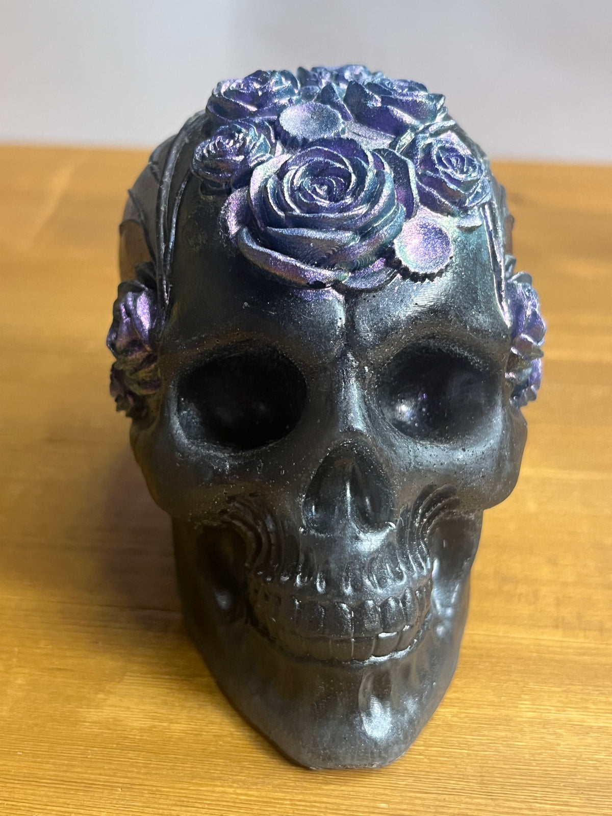 Black Resin Skull With Flowers, Floral Collectible Figurine Desk Buddy