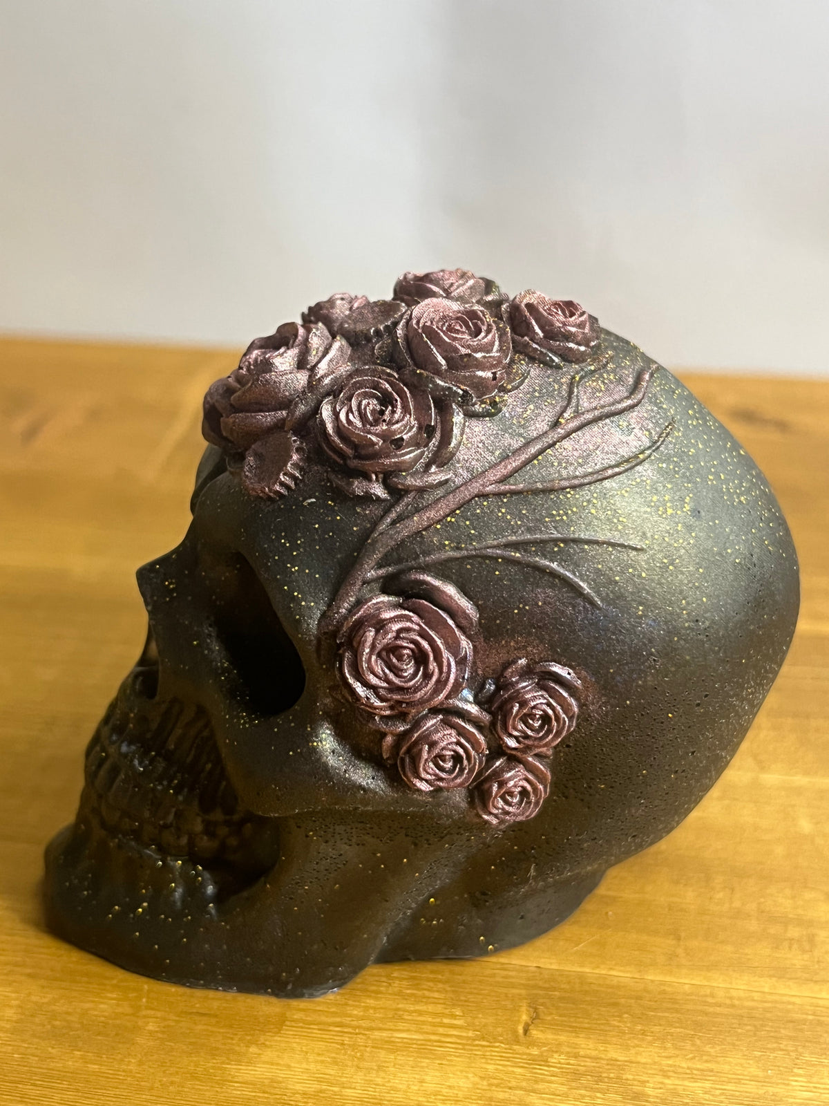 Black Resin Skull With Flowers, Floral Collectible Figurine Desk Buddy