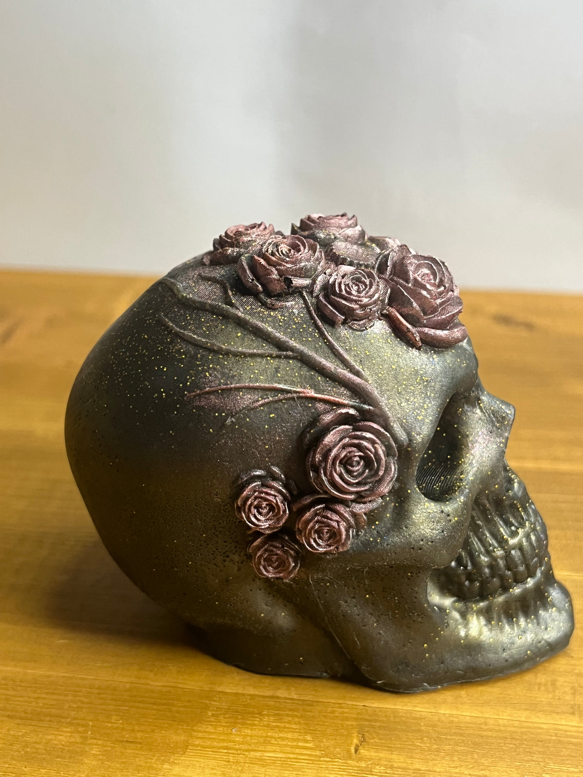 Black Resin Skull With Flowers, Floral Collectible Figurine Desk Buddy