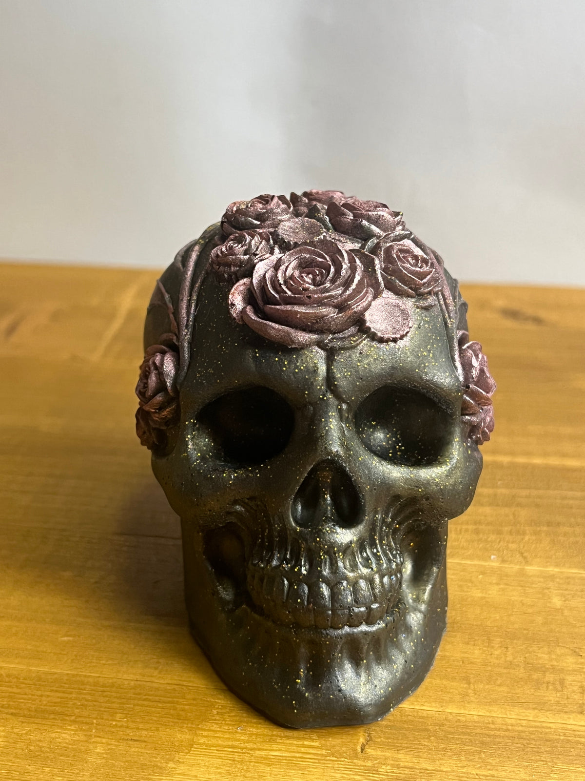 Black Resin Skull With Flowers, Floral Collectible Figurine Desk Buddy