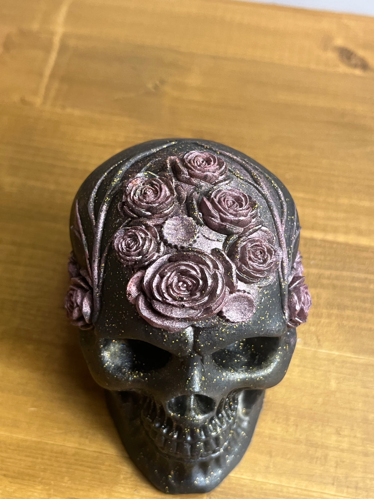 Black Resin Skull With Flowers, Floral Collectible Figurine Desk Buddy