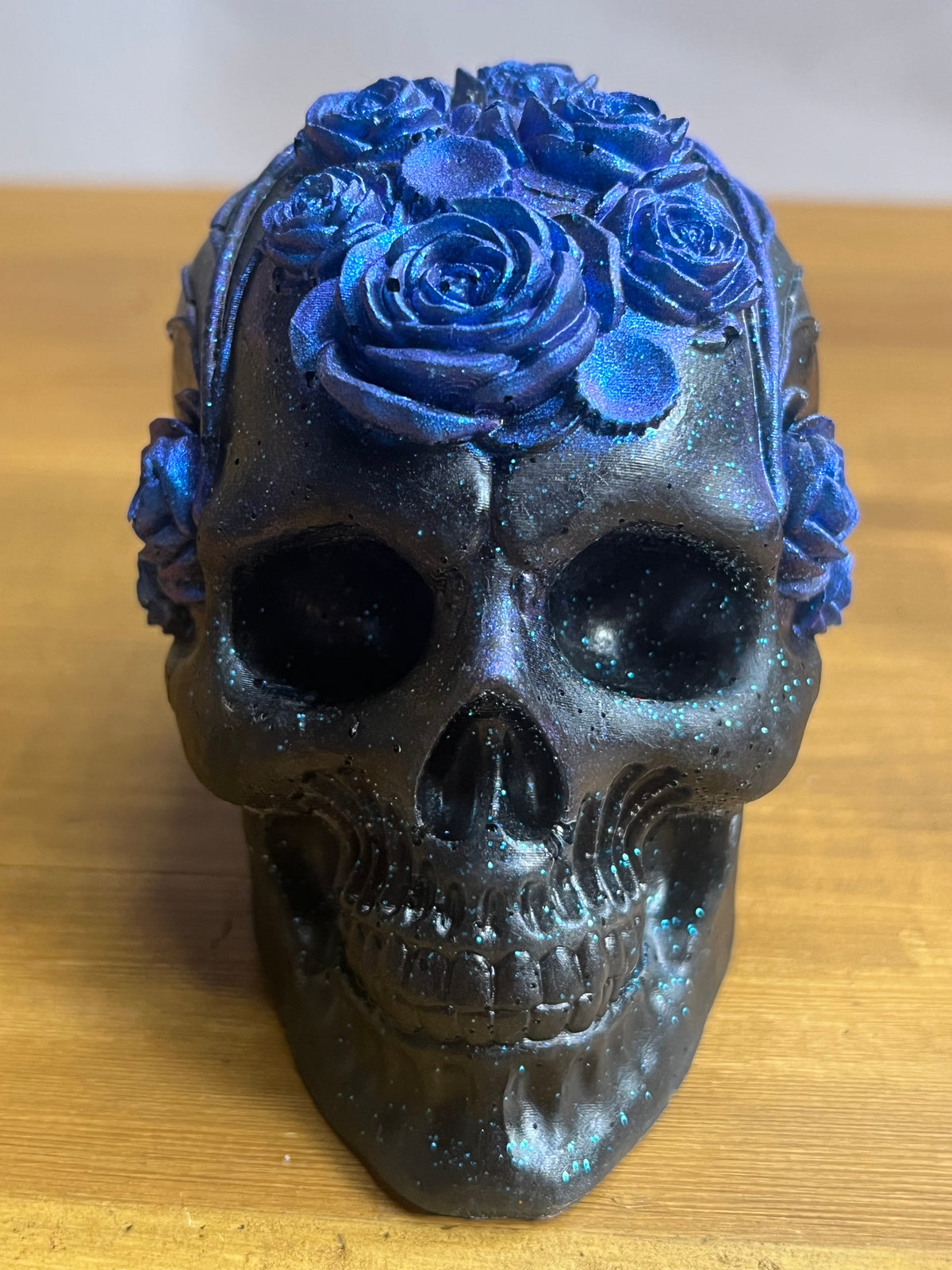 Black Resin Skull With Flowers, Floral Collectible Figurine Desk Buddy