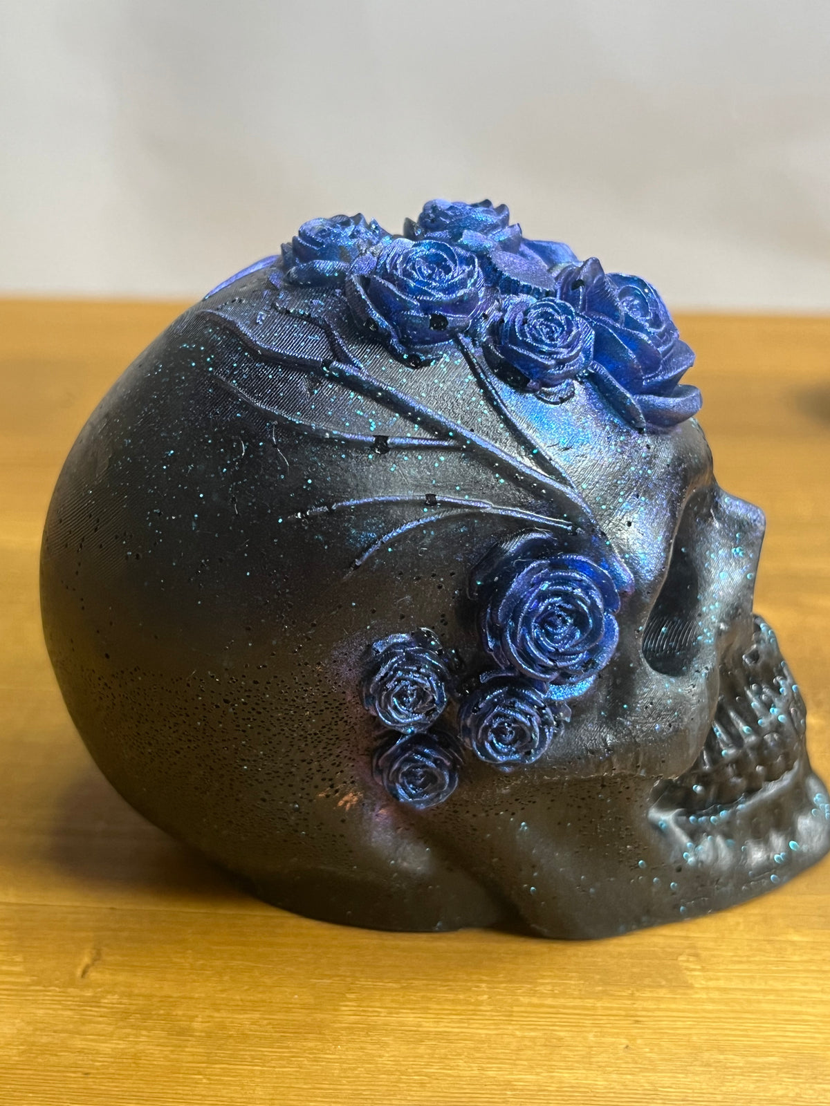 Black Resin Skull With Flowers, Floral Collectible Figurine Desk Buddy