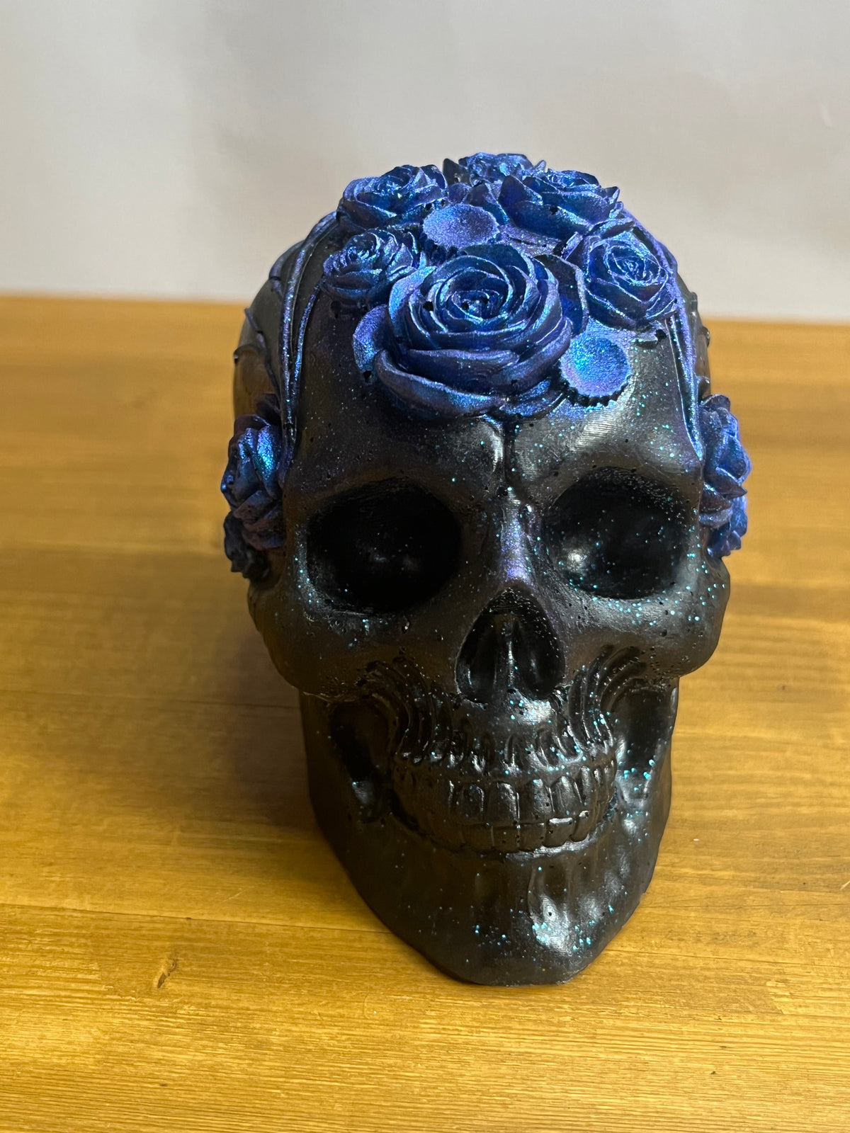 Black Resin Skull With Flowers, Floral Collectible Figurine Desk Buddy