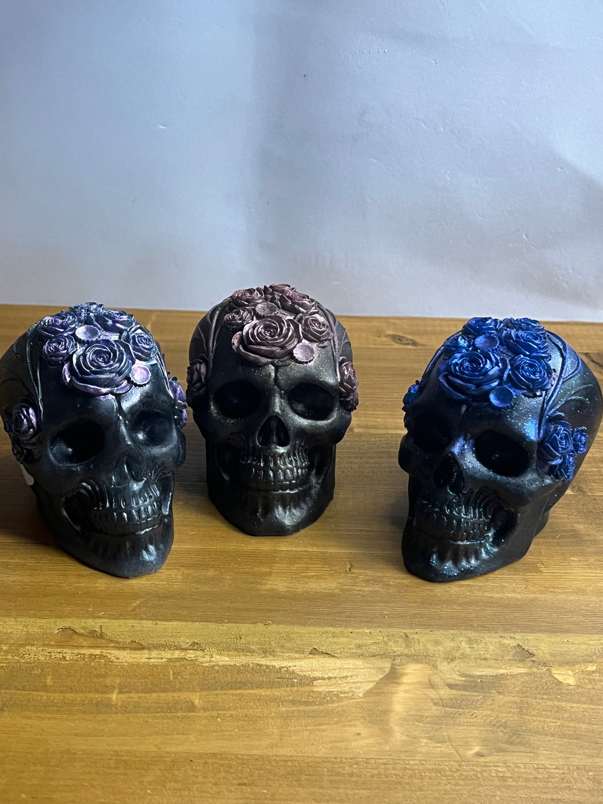 Black Resin Skull With Flowers, Floral Collectible Figurine Desk Buddy