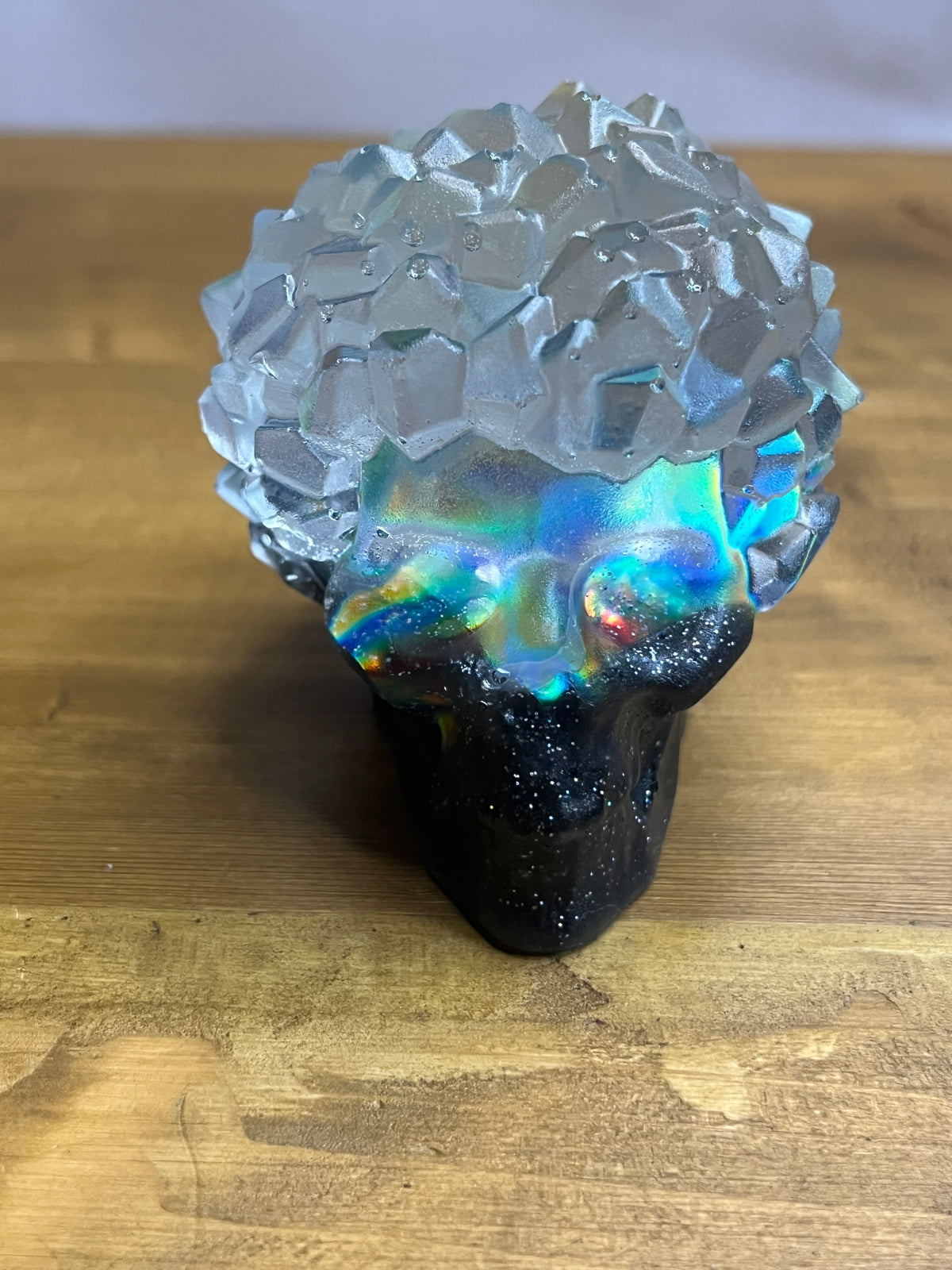 Crystal Resin Skull with iridescent finish, unique gothic decor, handmade gemstone-inspired art, spiritual gift,