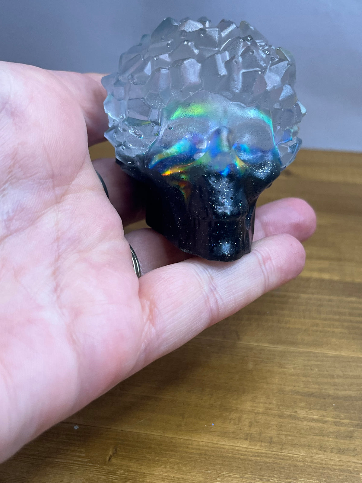 Crystal Resin Skull with iridescent finish, unique gothic decor, handmade gemstone-inspired art, spiritual gift,