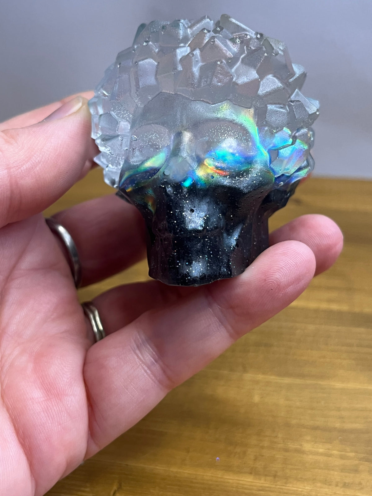 Crystal Resin Skull with iridescent finish, unique gothic decor, handmade gemstone-inspired art, spiritual gift,