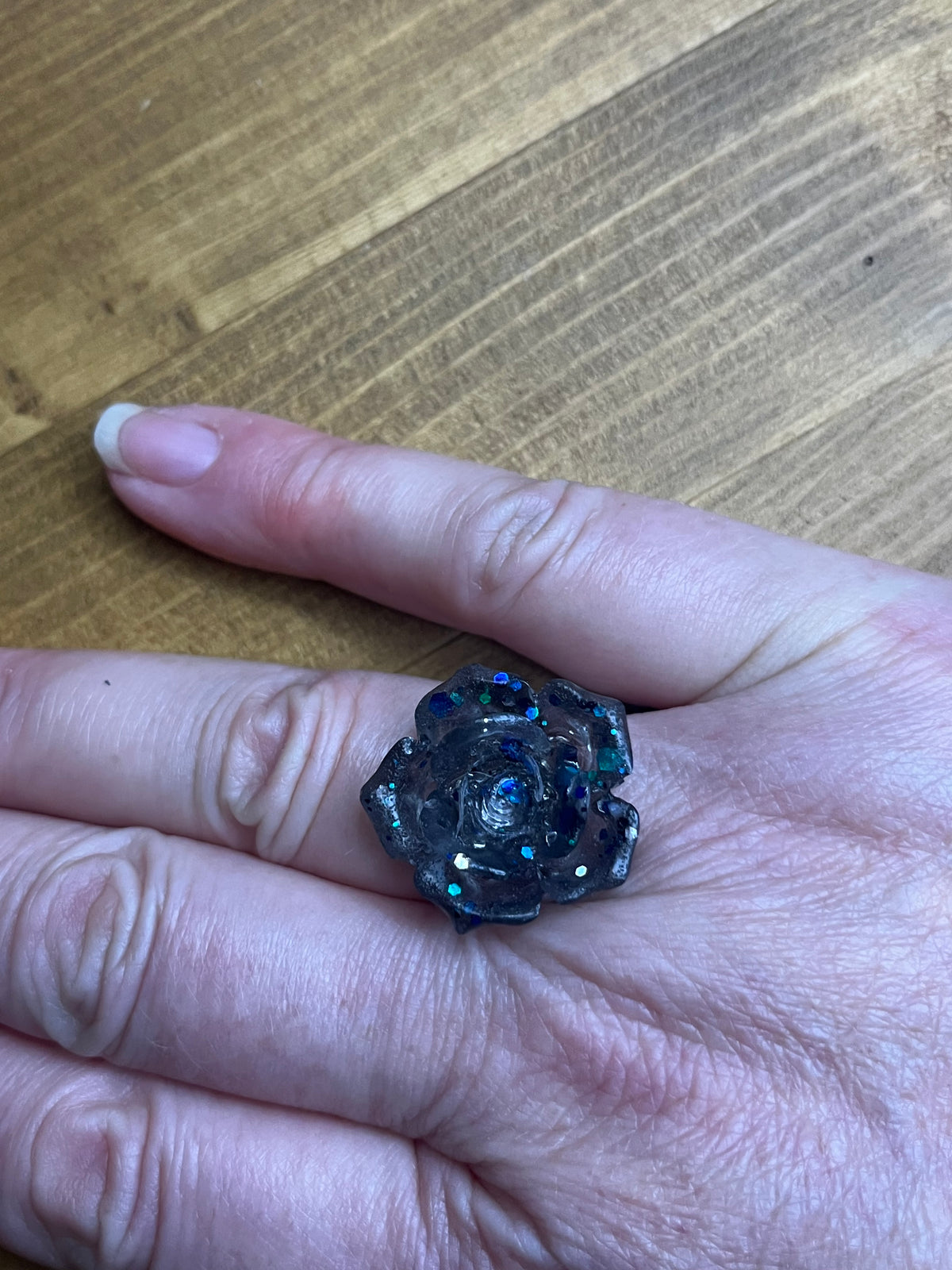 Black Rose Ring, Adjustable, With Glitter Accents