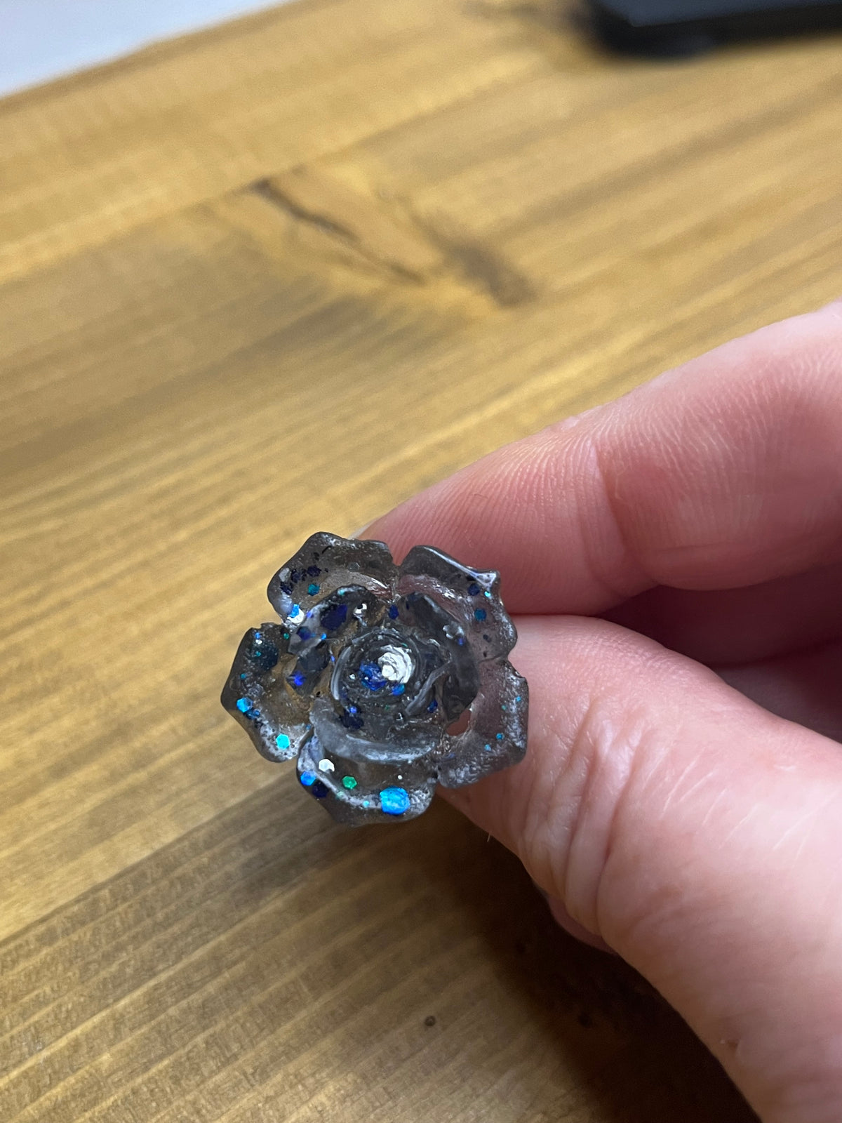 Black Rose Ring, Adjustable, With Glitter Accents