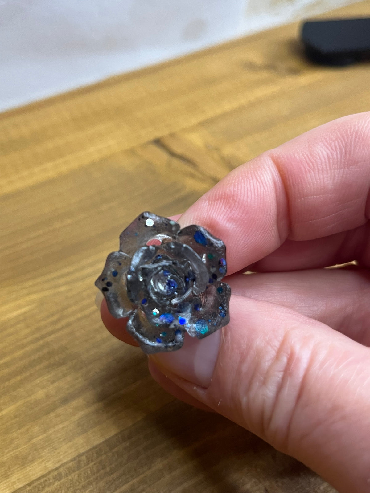 Black Rose Ring, Adjustable, With Glitter Accents