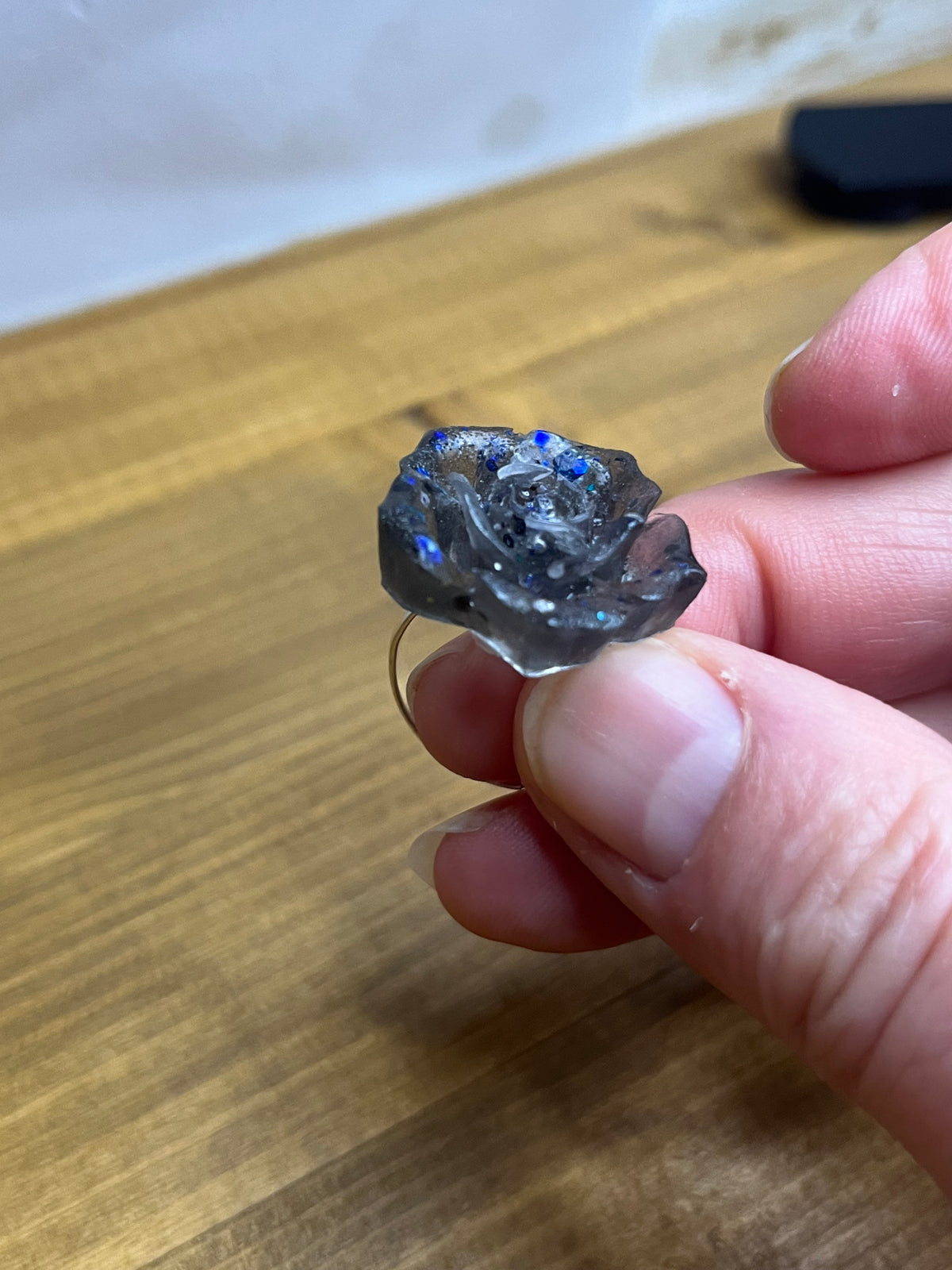 Black Rose Ring, Adjustable, With Glitter Accents