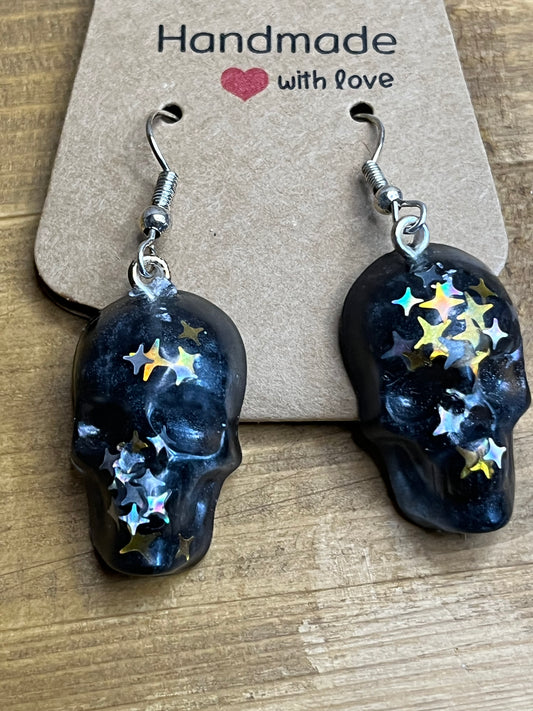 Skull Earrings, Resin with Glitter, Hypoallergenic Posts for Everyday Wear
