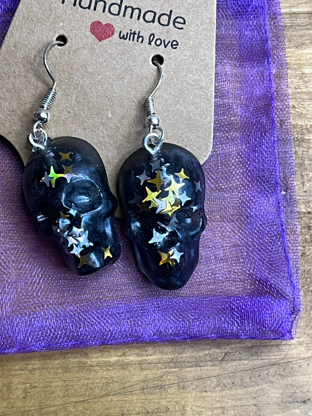 Skull Earrings, Resin with Glitter, Hypoallergenic Posts for Everyday Wear