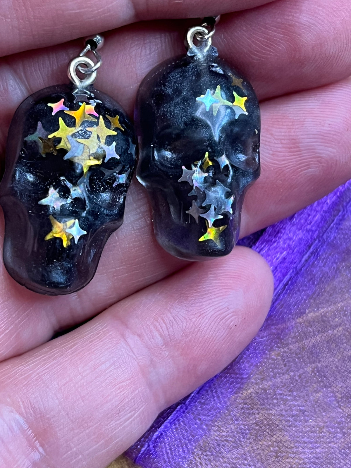 Skull Earrings, Resin with Glitter, Hypoallergenic Posts for Everyday Wear