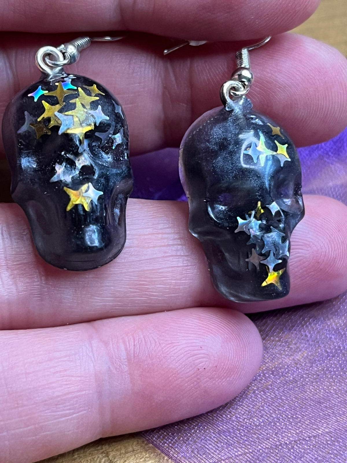 Skull Earrings, Resin with Glitter, Hypoallergenic Posts for Everyday Wear