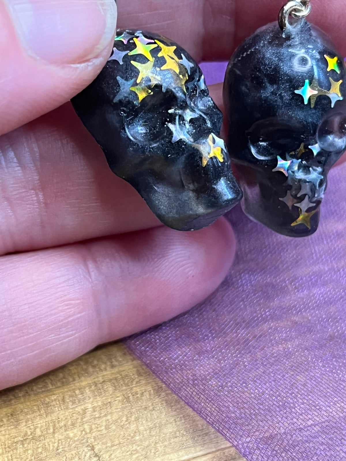 Skull Earrings, Resin with Glitter, Hypoallergenic Posts for Everyday Wear
