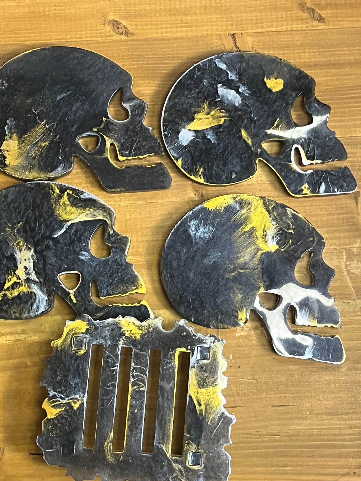 Skull Coaster Set in Black, Silver, and Gold, Set of 4 with Holder