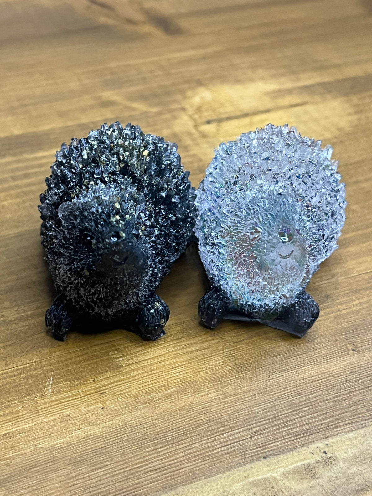 Resin hedgehogs, 1 with crystal accents, handmade animal decor, whimsical home decor