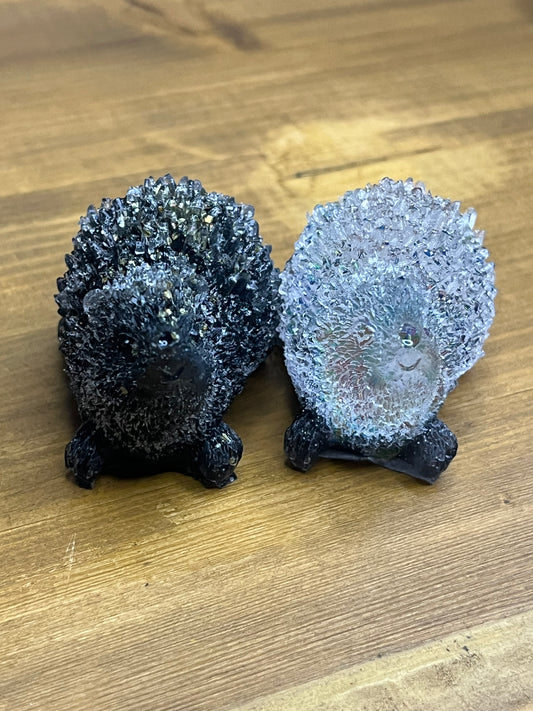 Resin hedgehogs, 1 with crystal accents, handmade animal decor, whimsical home decor