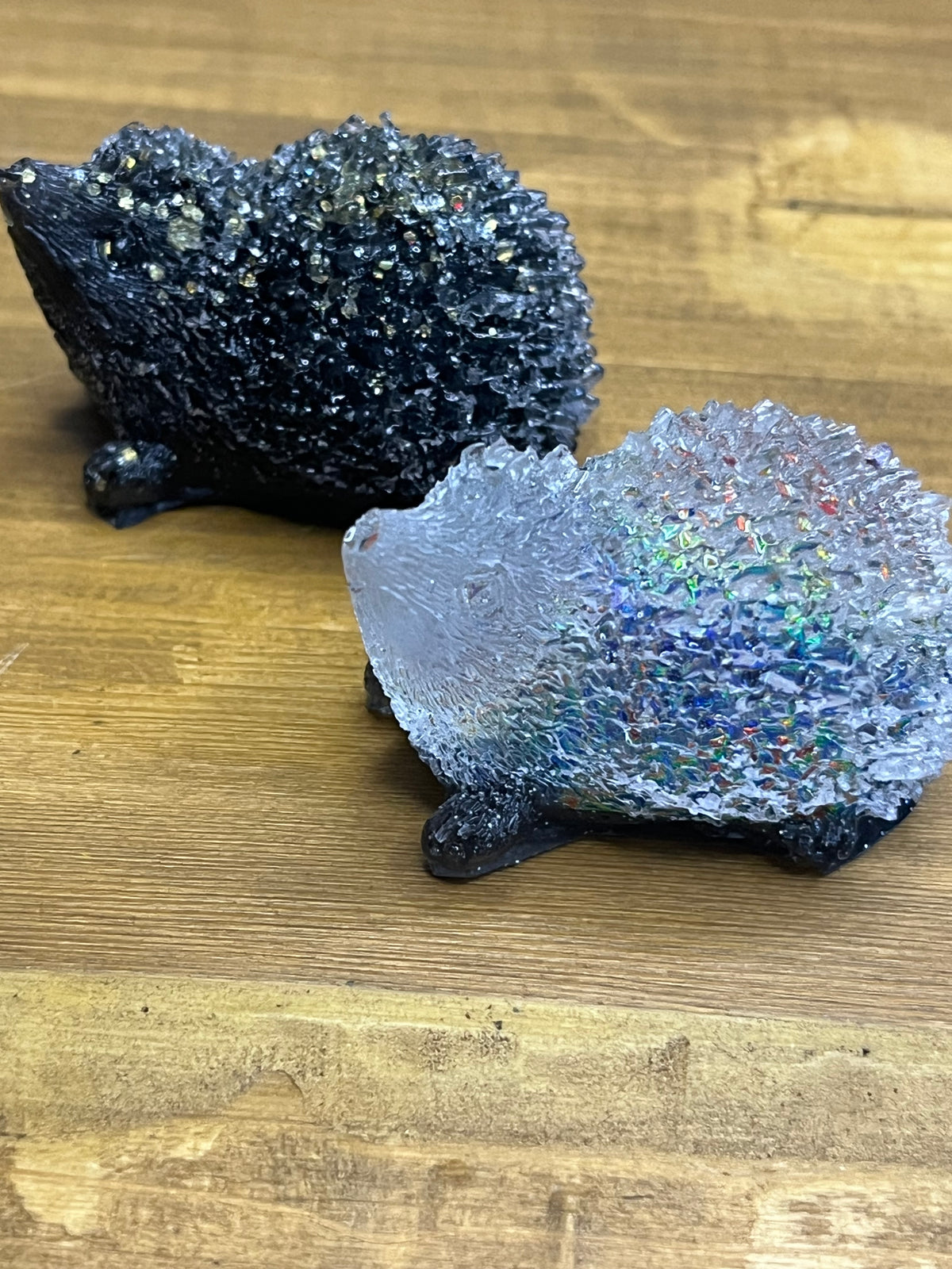 Resin hedgehogs, 1 with crystal accents, handmade animal decor, whimsical home decor
